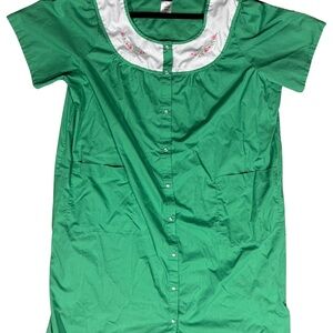 Green Button-Front House dress with White Embroidered